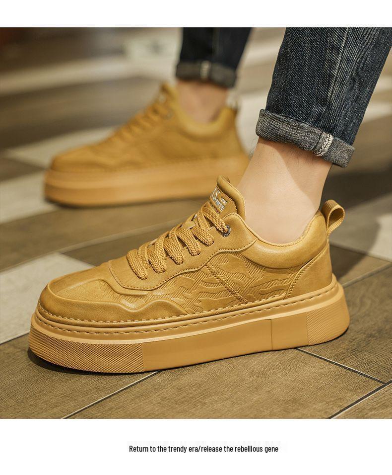 Beige Embossed Men's Breathable Thick-Soled Casual Trendy Board Shoes