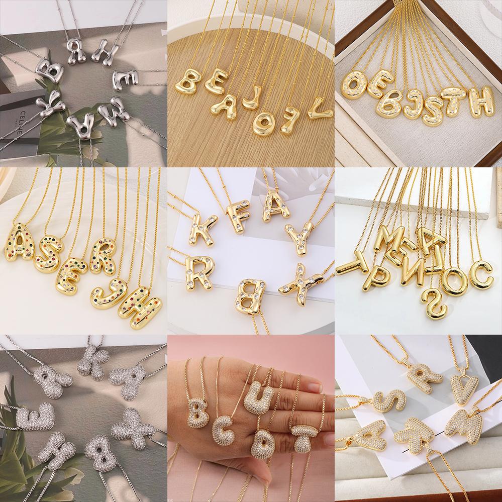 Gold Initial Letter Pendant Necklace Copper Paved Diamond A-Z Initial Alphabet Bubble Charm Choker For Women
