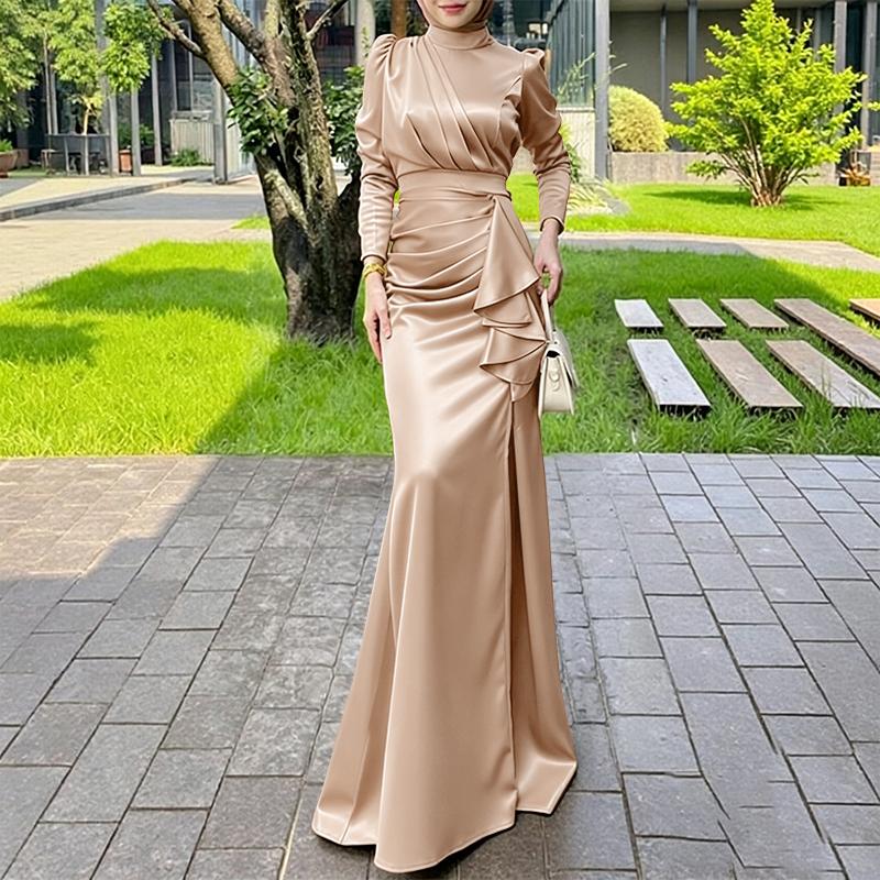 ZANZEA Women Elegant Stand Collar Casual Long Sleeve Satin Long Dress S хаки