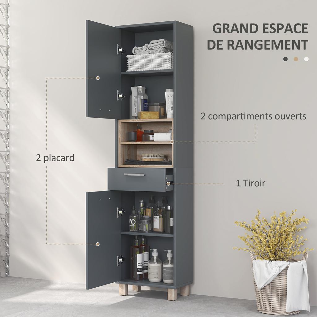 Bathroom Storage Cabinet with 2 Cupboards, Drawer, Open Compartments, Grey