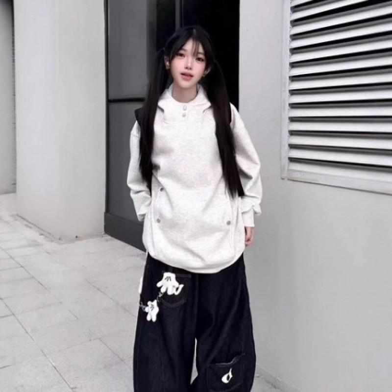 Thick Fleece-Lined Hooded Sweatshirt Unisex Oversized Winter Casual Pullover With Button
