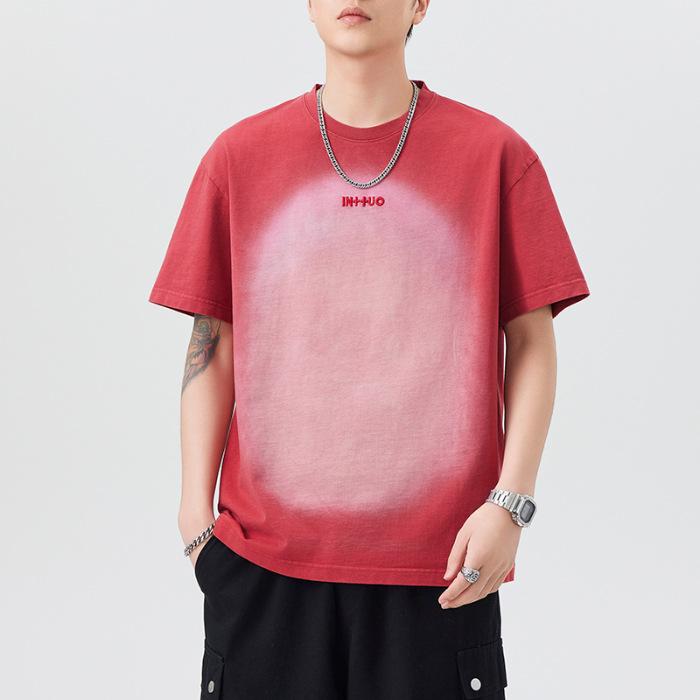 

Летняя футболка с коротким рукавом из тяжелого хлопка 290 г с градиентной стиркой, мужская, в стиле ретро, американская, японская, повседневная 4XL оранжевый