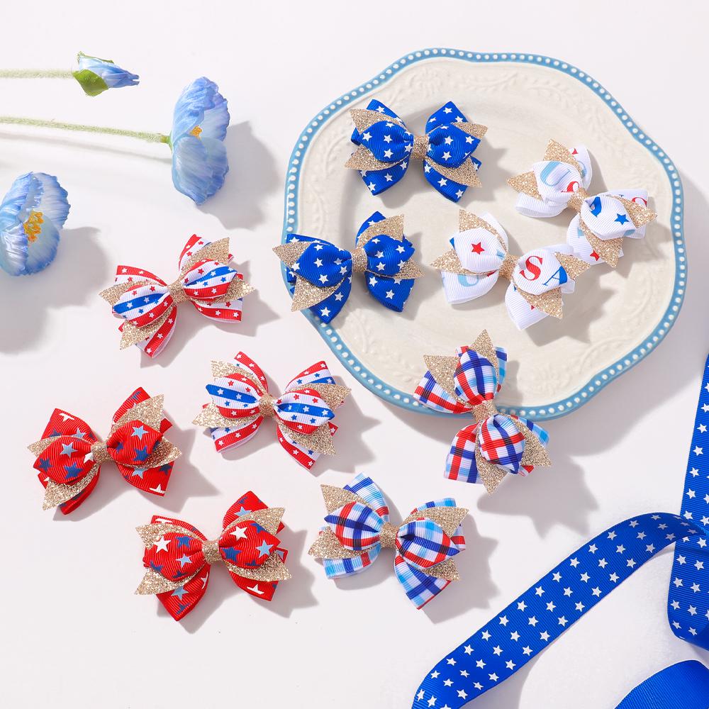 2 Stück Unabhängigkeitstag Kinder Schleifen Haarspangen Set für Frauen Mädchen Druck Stern Glitzer Schleife Haarnadel Kopfschmuck Haarschmuck