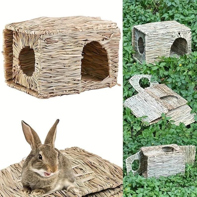 Grass House Rabbit Foldable Woven Rabbit Cages Hamster Guinea Pig Grass Chew Toy Mat House Bed Nests Small-scale Pet Accessories