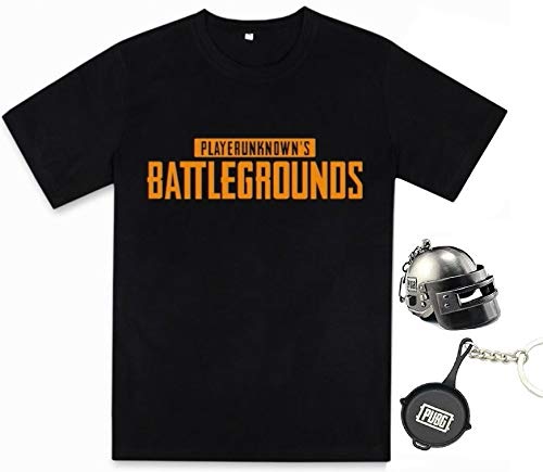 

[Entertaining love and peace] PUBG Shirt + Helmet + Frying Pan 3-Piece Set Cosplay Costume Short-Sleeved T-Shirt Keychain PlayerUnknowns Battlegrounds