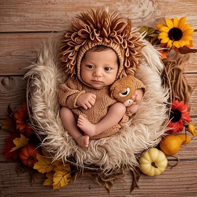 Neugeborenen-Fotografie-Requisiten-Set Weiche gehäkelte gestrickte Löwenmütze Kurzarm-Strampler Niedliche Fotodekoration & Ideales Babygeschenk