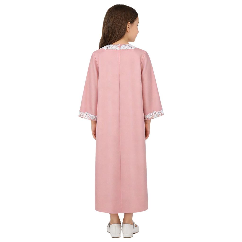 Girls Embroidered Lace Muslim Robe Abaya Round Neck Long Sleeve Back Invisible Zipper Loose Dress