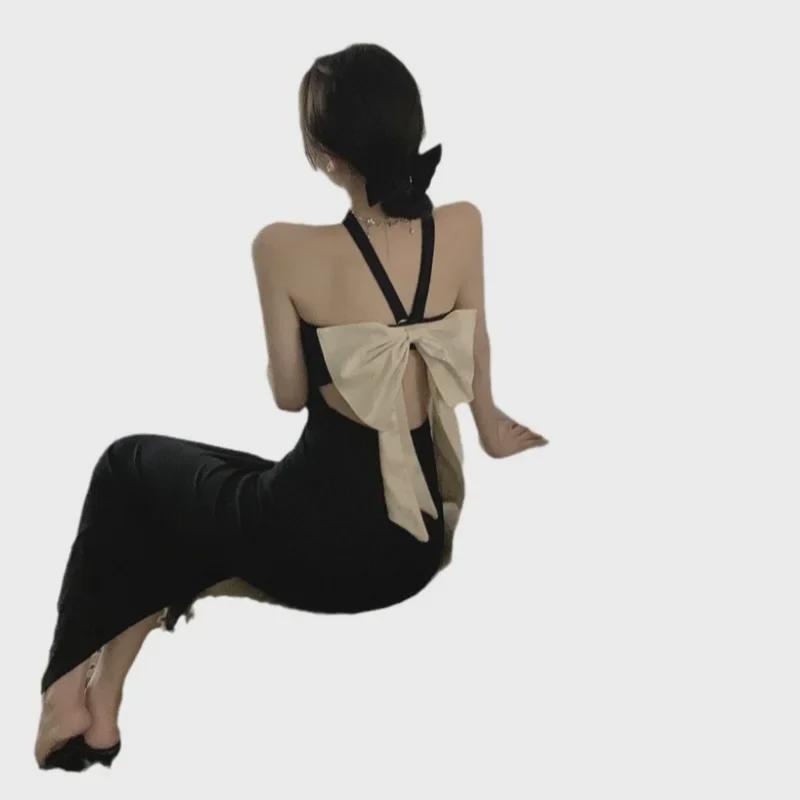 2024 Siyah Halter Yaka Seksi Yaz Elbisesi - Fiyonk Detaylı Slim Fit