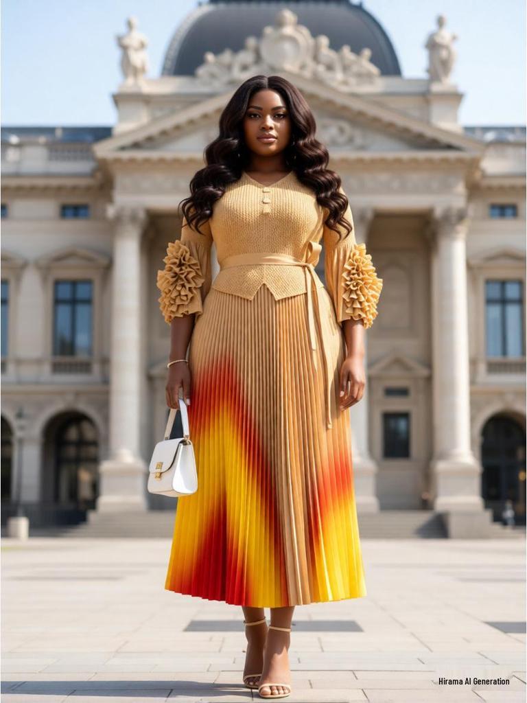 Miyake Plus Size Gradient Pleated Dress - Elegant, Slimming, Waist-Cinching Long Dress with European and African Fashion Influences