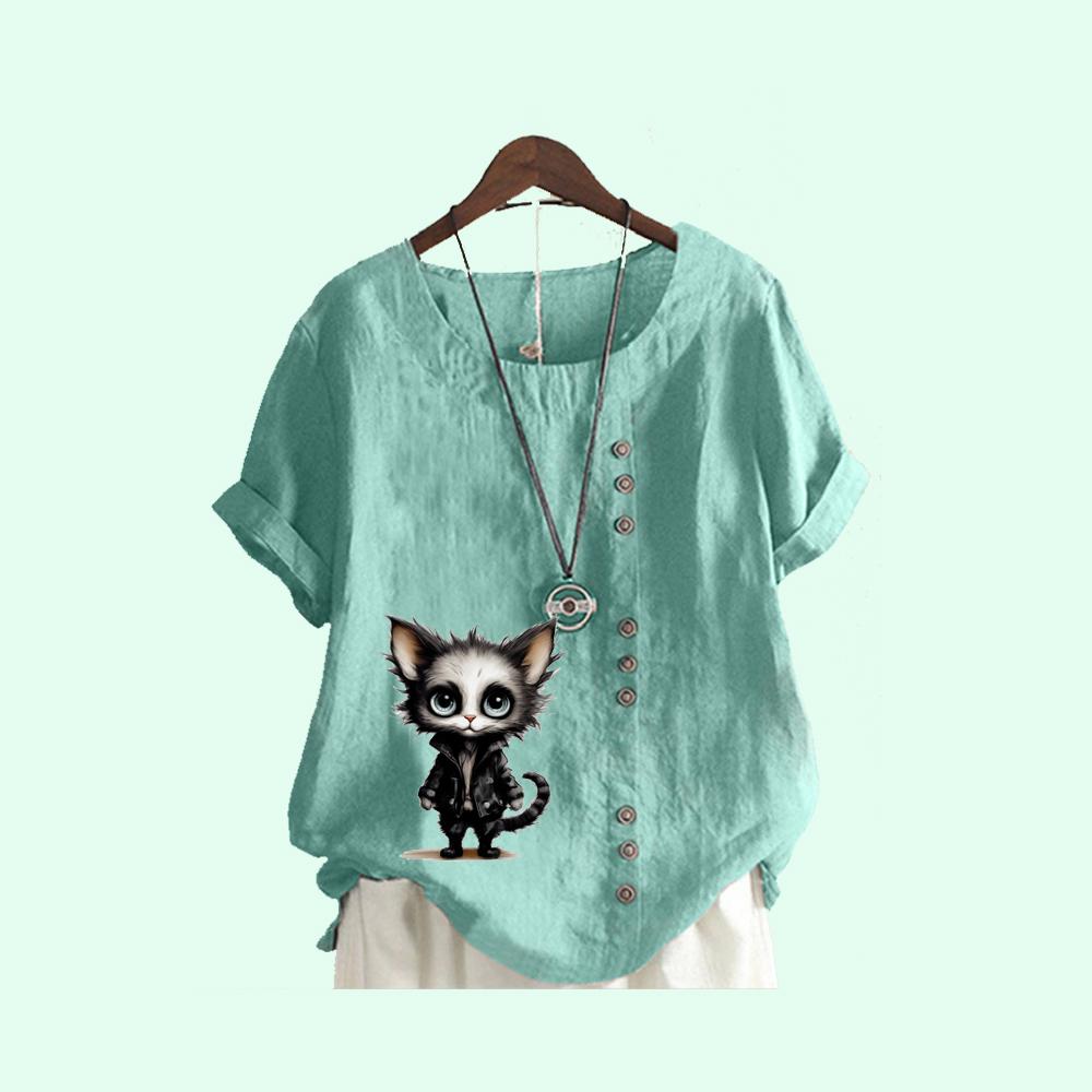 

Женская мода с коротким рукавом, свободная льняная блузка, летняя повседневная футболка с круглым воротником и принтом кота XXXXXL озеро синий