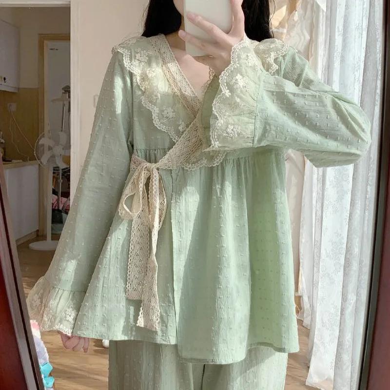 Pijama prințesă Palatul vânt de primăvară și toamnă costum cu mâneci lungi dulci și încântător kimono retro High Sense Homewear pijamale solide