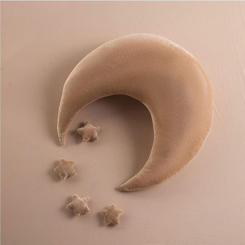 5pcs Baby Posing Pillow Newborn Photography Props Beans Moon Stars Pillow Photo Shooting Set, Khaki