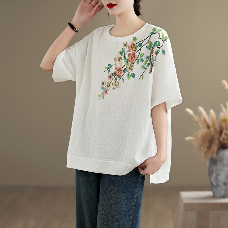 Dimanaf 2025 New Summer Plus Size T-Shirt Women Flower Printing Short Sleeve Loose Tops Tees Maxi