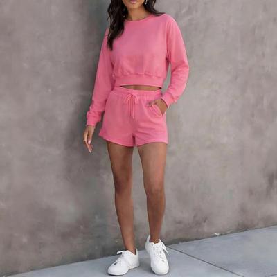 Ensemble short à capuche manches longues col rond pour femme Tenue de sport décontractée Couleur unie Mélange de coton Automne Hiver