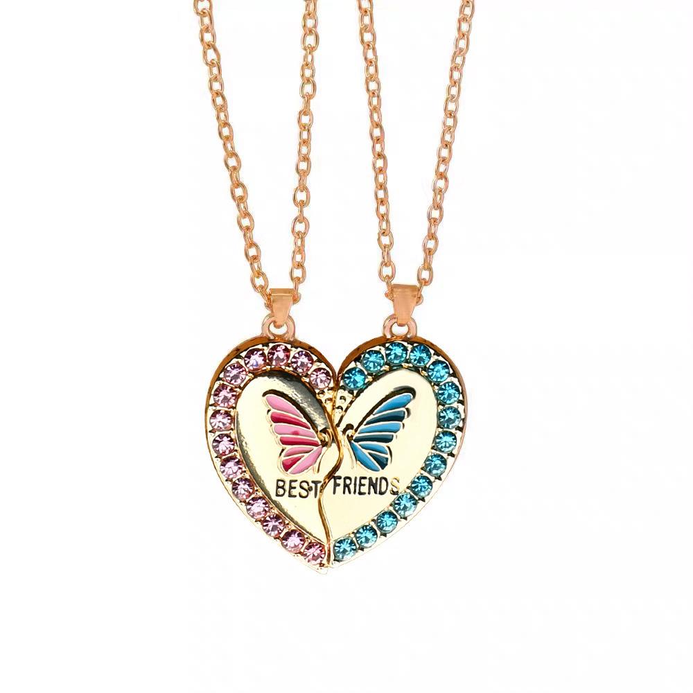 Elegant Heart-Shaped Gold Butterfly Pendant Necklace with Colorful Diamonds - Perfect Valentine's Day Gift for Women