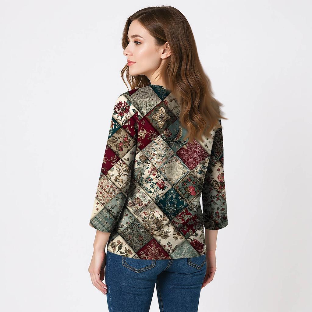 Dame 3/4-ermet skjorte V-hals trykktopper hverdagstopper basic t-skjorter bluse løse topper