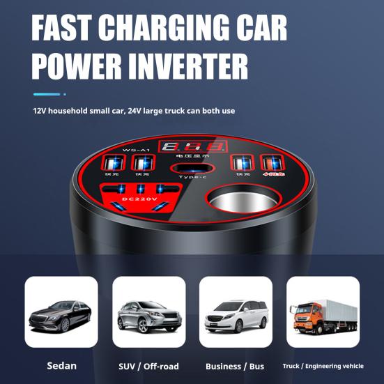 Yousheng 200W Car Power Inverter 4 USB 1 Type-C Ports with AC Outlet 12V To 220V Fast Charging Converter for Laptops Phones