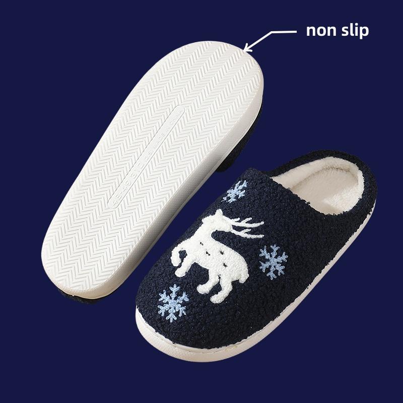 Fashion Cartoon Moose Cute Plush Indoor Slippers Women 2025 Winter Warm Fluffy Fur Couple's Christmas Slippers Soft Flat Heel Slides