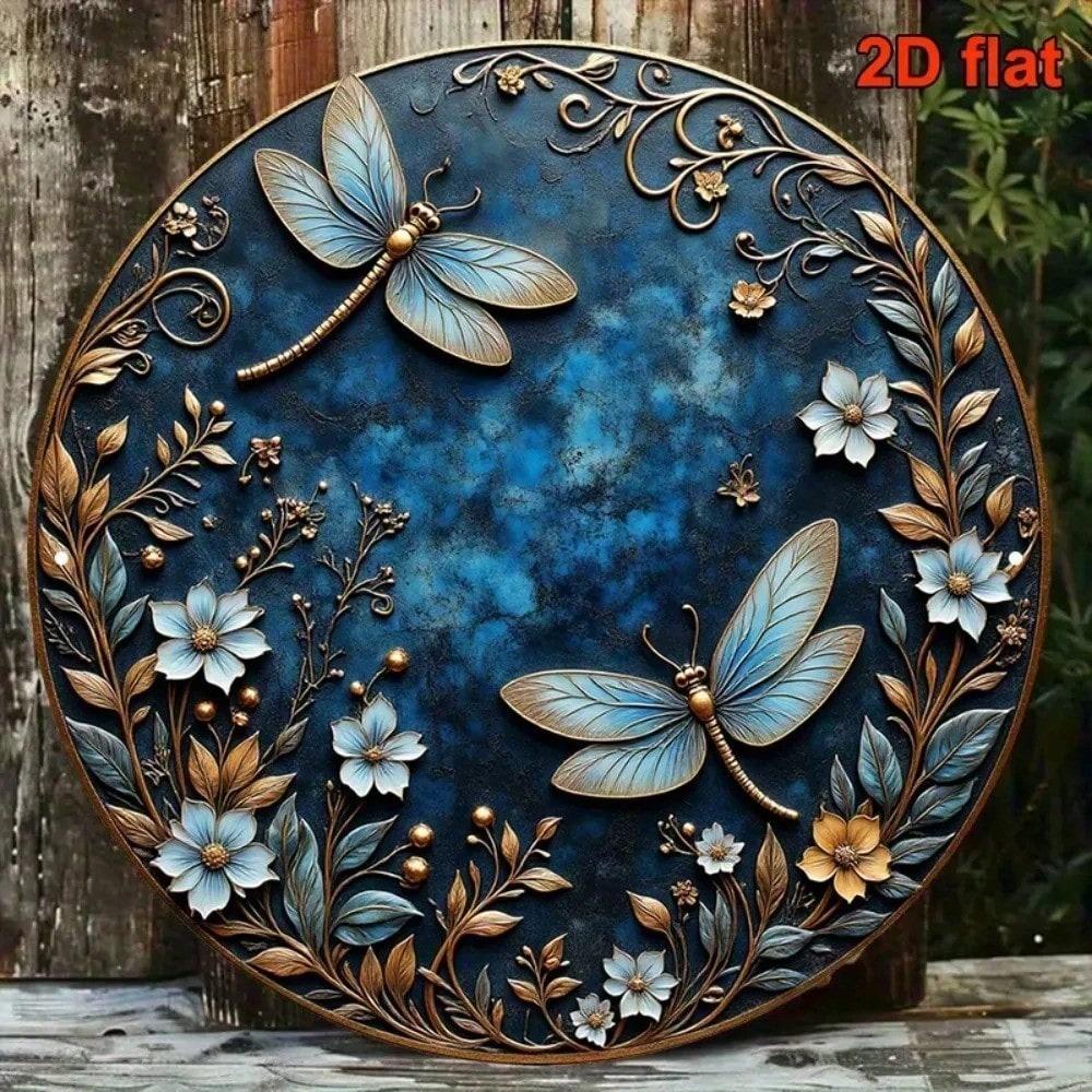 Vintage Gold Dragonfly Floral Metal Wall Art 8 Inch Retro Blue Aluminum Sign Living Room Bedroom Decor