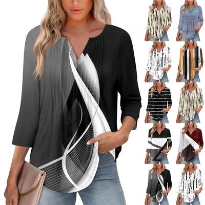 Tricou cu mâneci șapte sferturi, cu decolteu în V, pliat, la modă, pentru femei