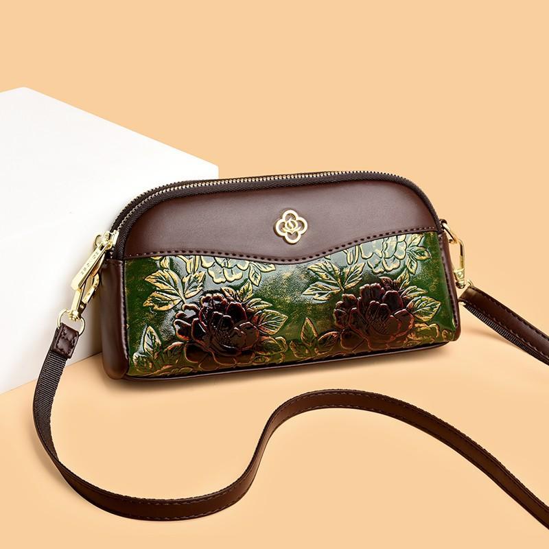 

Elegant Embossed Floral Crossbody Bag for Women – Vintage Mini Shoulder Bag with Gold Hardware зелений