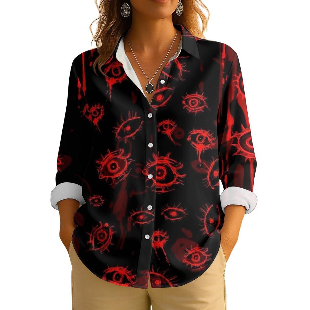 Women's Retro Halloween Printed Button Up Long Sleeved Casual Regular Shirt Collar Top