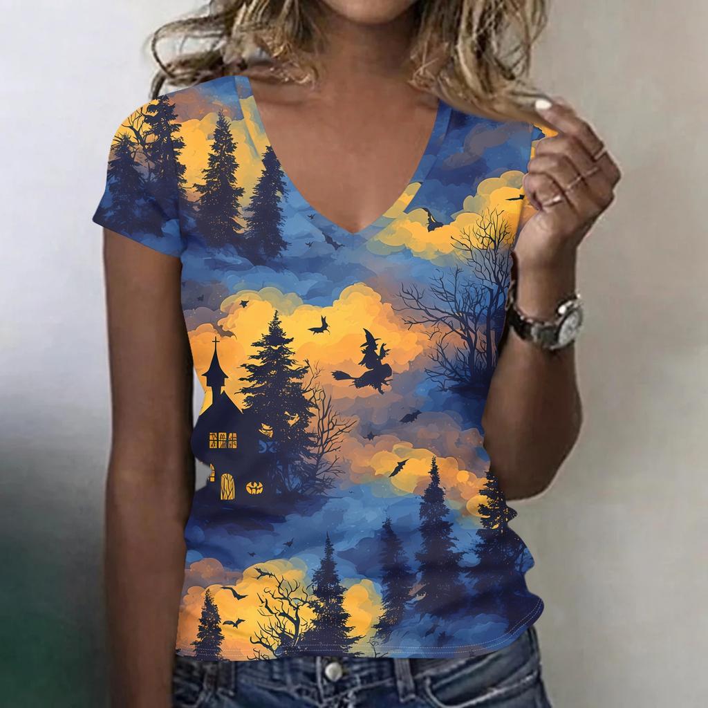 Women's V-Neck Halloween Print Blouse Lightweight Spring Summer Top
