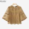 ZANZEA Damen Freizeit Rundhals 3/4 Ärmel Spitze Patchwork Bluse