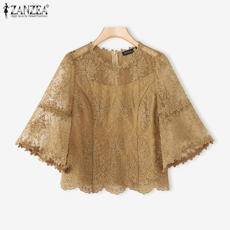 ZANZEA Damen Freizeit Rundhals 3/4 Ärmel Spitze Patchwork Bluse