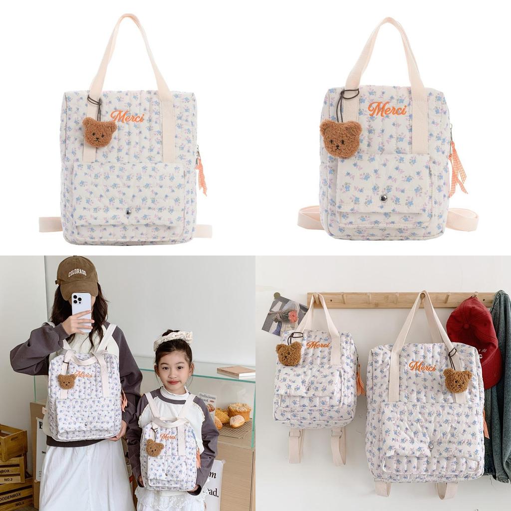 Kid Cotton Quilted Backpack With Floral Prints For School And Travel