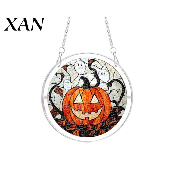 Window Hanging Decoration Halloween Scary Bat Pumpkin Acrylic Jigsaw Puzzle Suncatcher, Stained Glass Style Stainless Steel Chain Hanger Decor