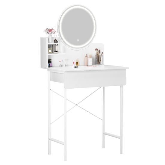 Makeup Vanity Desk with LED Lighted Mirror, Vanity Table with 1 Drawer and 2 Opening Shelves, Bedroom Dressing Table, 3 Modes Brightness Adjustable