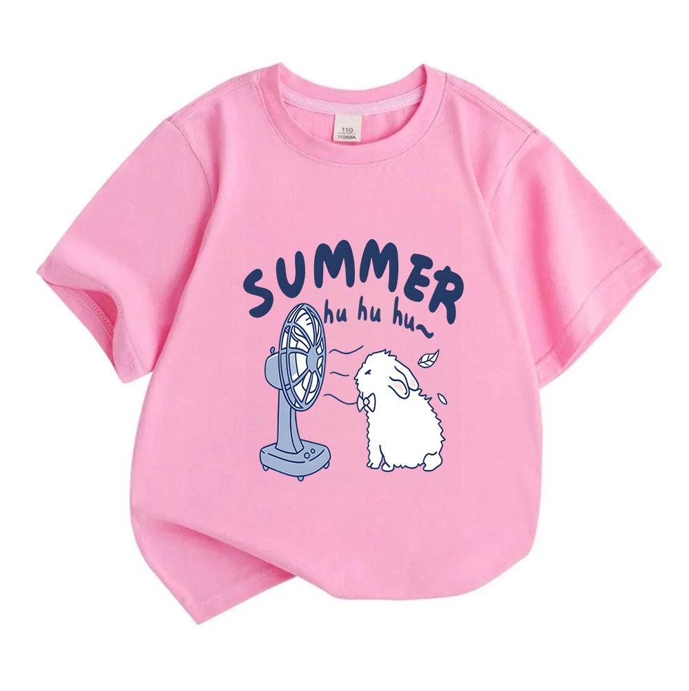 Cute Kids Boys Girls 100% Cotton Short Sleeve O-Neck T-shirt, Summer Fluffy Rabbit Blowing Electric Fan Casual Soft Breathable Tee for Children Daily