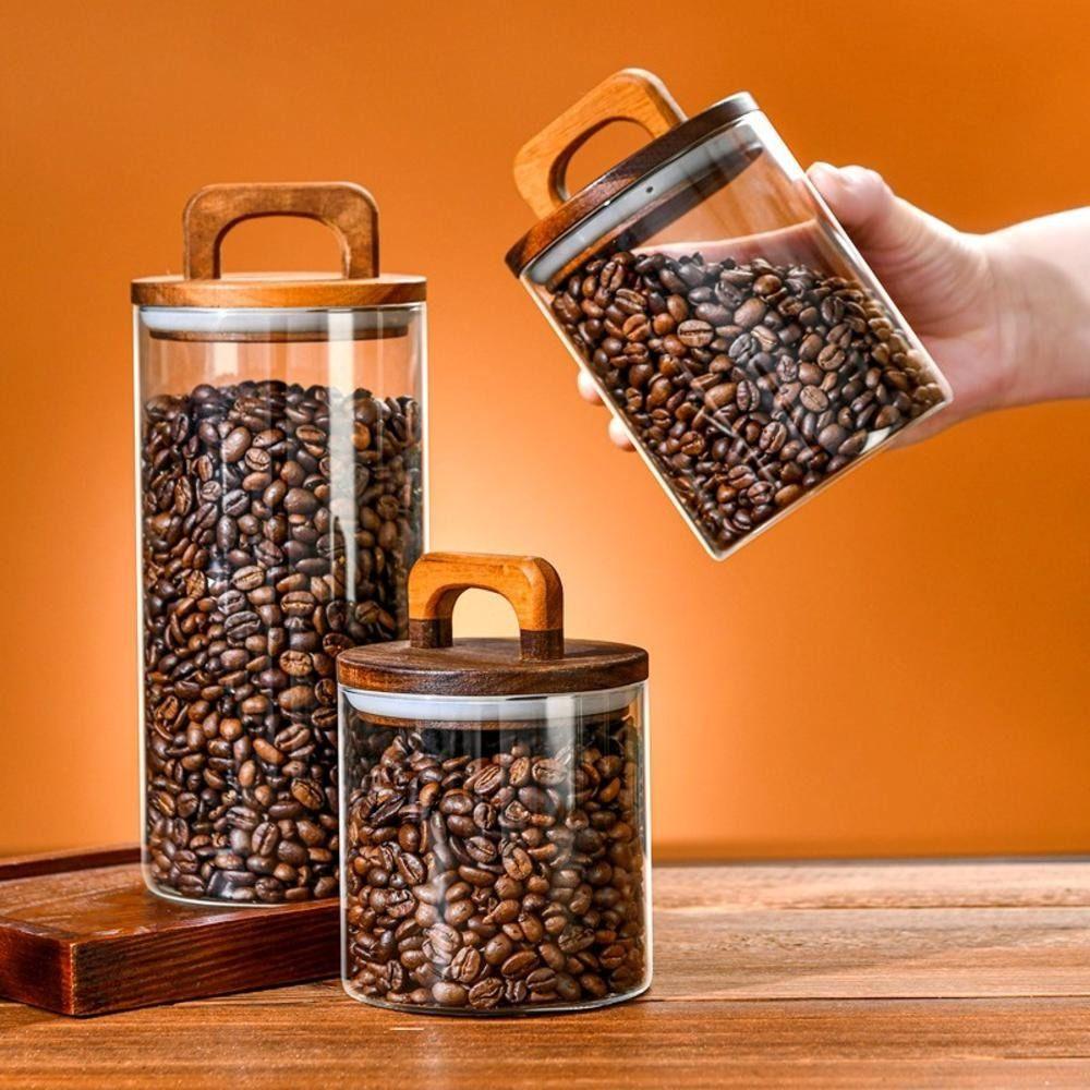 Wood Handle Glass Storage Jar Wood Lid Airtight Container Vacuum Sealed Jar  Coffee Bean Storage