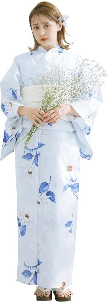 (Dita) Women's Yukata 5-Piece Set, Blue, Light Blue, White, Floral Pattern, Simple and Elegant, Easy to Wear by One Person (Ryofu no Gin Asobi, FREE