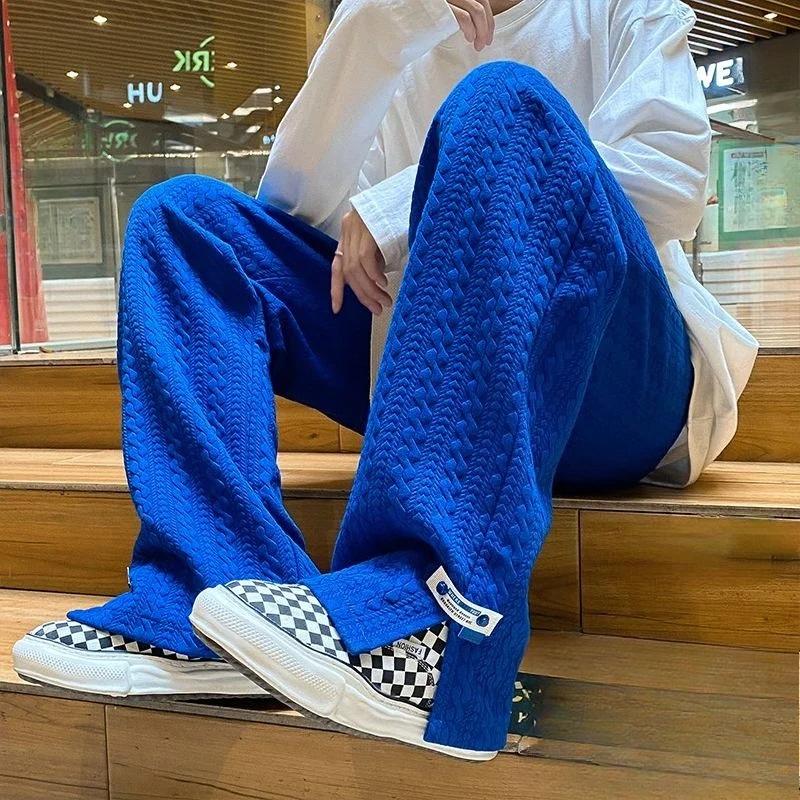 Wovey Heren Hoge Straat Joggingbroek Mode Los Casual Zijsplit Rechte Pijpen Broek Vintage Blauwe Jacquard Casual Broek Herenkleding M blauw