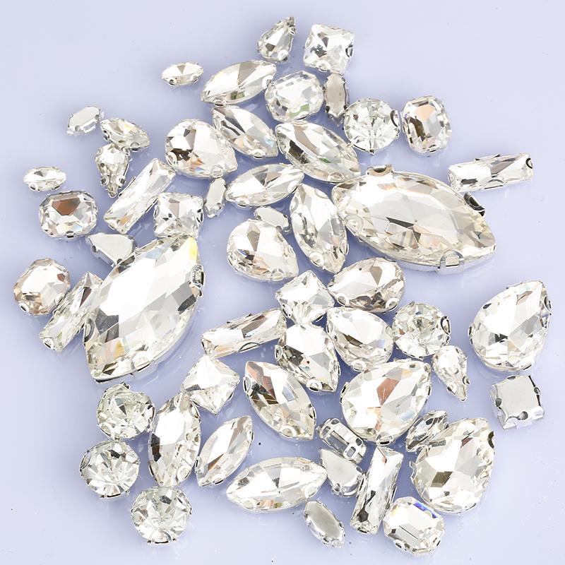 RESEN 55PCS Mixed Shape Mixed Size Crystal Sew On Rhinestone Sliver/Gold Claw Settings Sewing Glass Rhinestone for DIY Garment