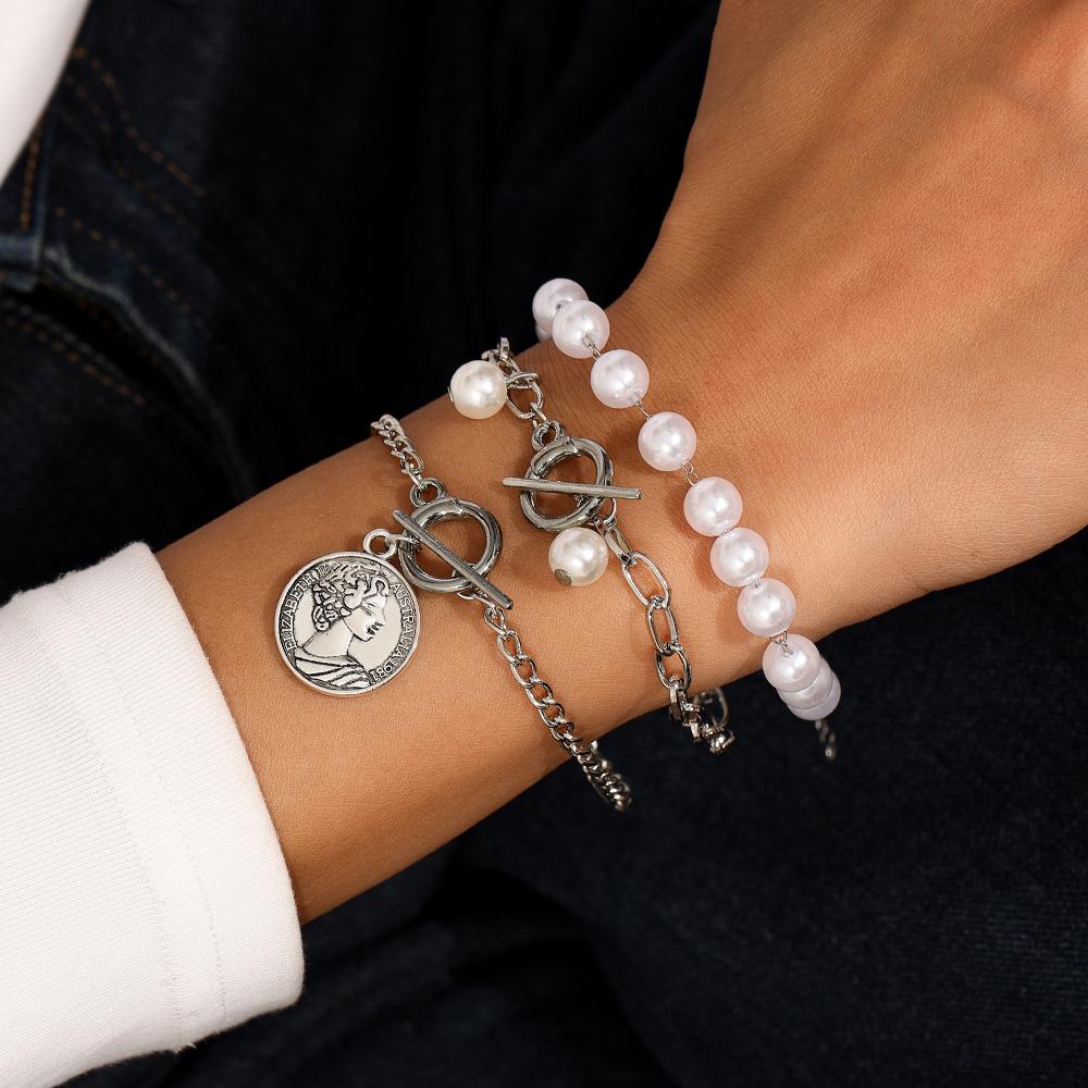 3pcs Delicate Pearl Bracelet Vintage Portrait Bracelets Chain for Women Girls Handmade Jewelry Gifts