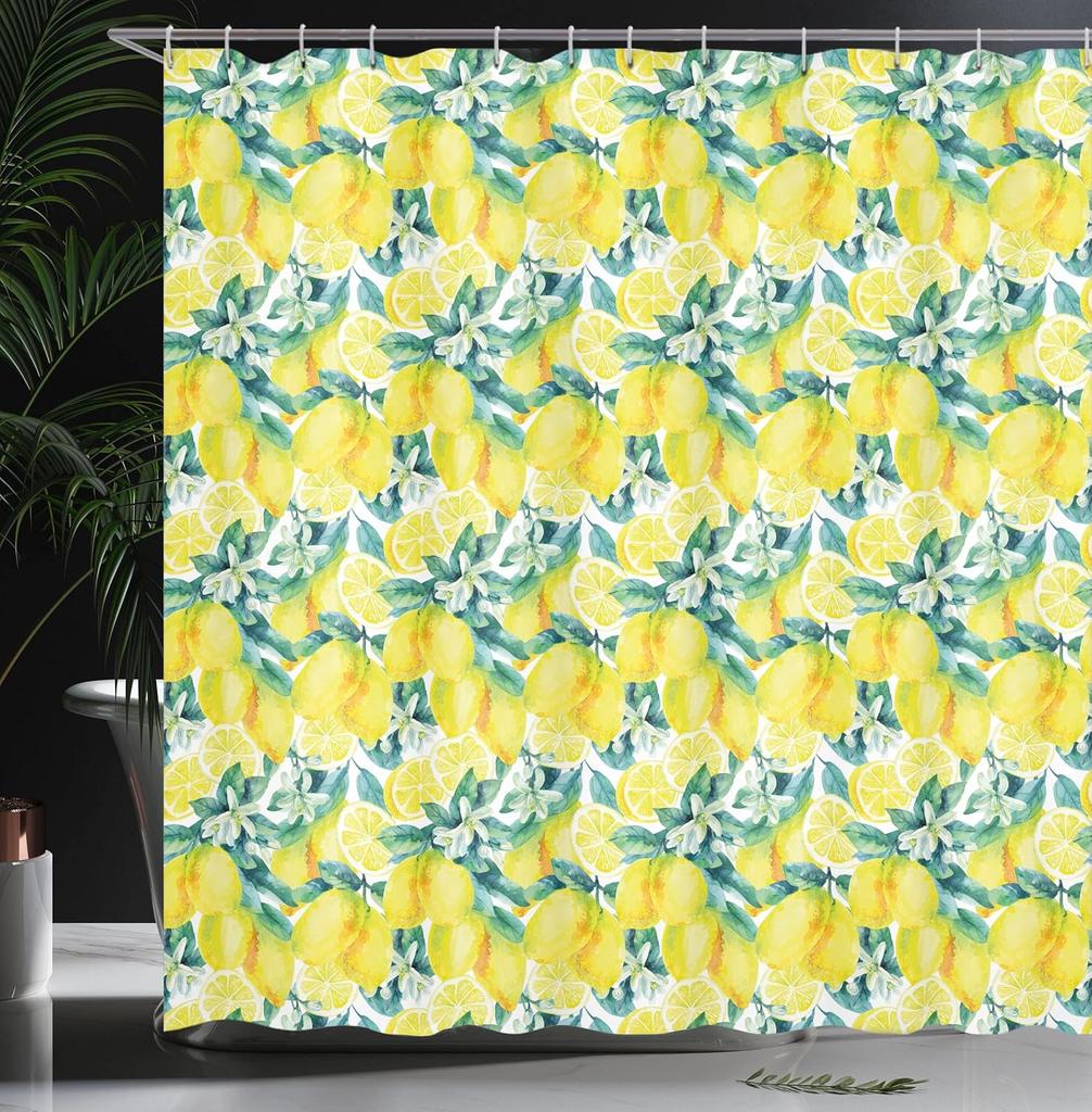 Lemon and Green Leaf Pattern Waterproof Polyester Shower Curtain 180x180cm - Fresh Citrus Fruit Print Bath Curtain with Hooks