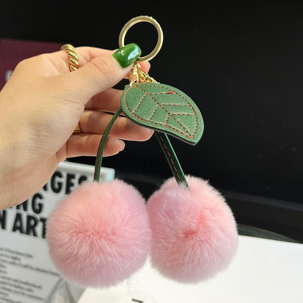 Echtes Rexkaninchenfell Kirsch Auto Schlüsselanhänger Anhänger Internet-Berühmtheiten Ins Niedlicher Pompon Taschenanhänger Geburtstagsgeschenk