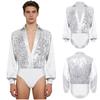 S-XXL Bodysuit de Dança Latina Ballet Masculino Bodice Brilhante com Lantejoulas Decote V Cetim Mangas Longas Entrepernas com Botões Collant para Treinamento Palco