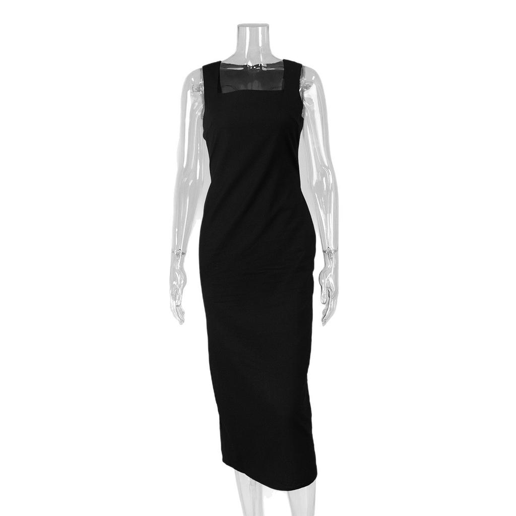 Simple solid color square neck suspender dress European and American summer new slim cotton and linen long dress