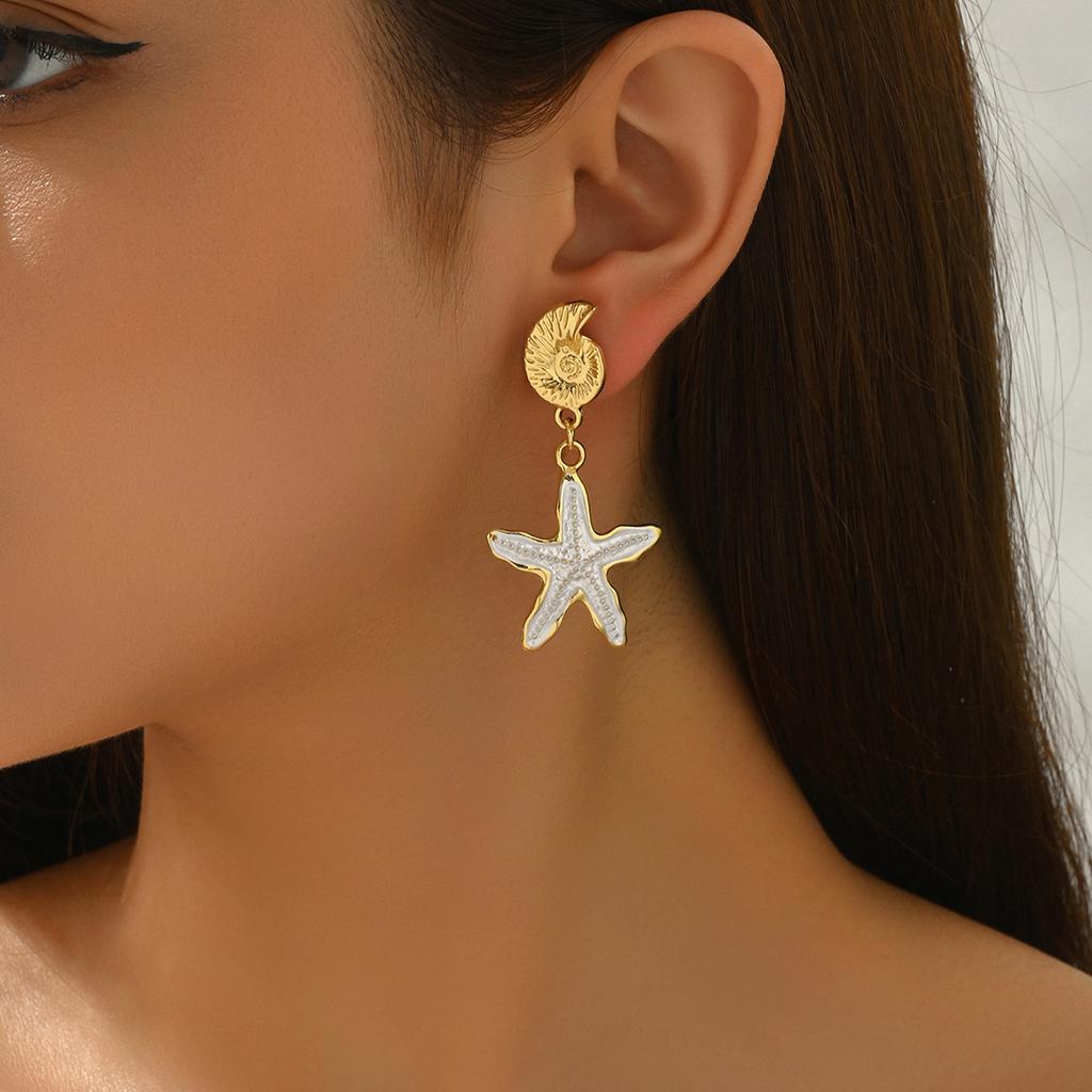 Ocean Style Women's Earrings Geometric Oil Drop Starfish Shell Design Studs Versatile High-end Earrings