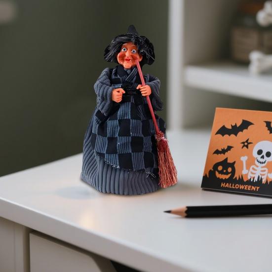 Halloween Witch Doll Decoration Spooky Witch Statue with Broomstick for Home Living Room Fireplace Mantel End Table Desktop Decor