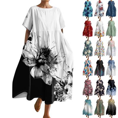 Women's Fashionable Gradient Print Round Neck Short Sleeved Loose Hem Pocket Dress