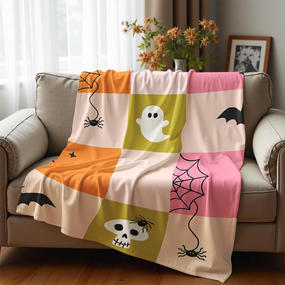 Pastel Color Block Halloween Tile Anime Cartoon Flannel Blanket Soft Warm Throw for Bedroom Sofa Car Kids Holiday Gift