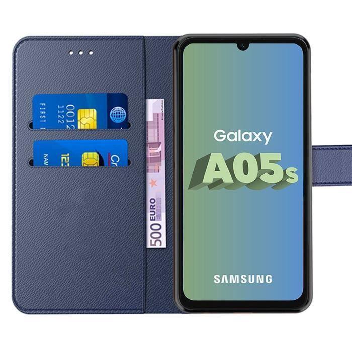 Coque pour samsung galaxy a05s, bleu marine, protection antichoc en cuir pu et intérieur tpu avec fentes pour cartes (pas pour a05)