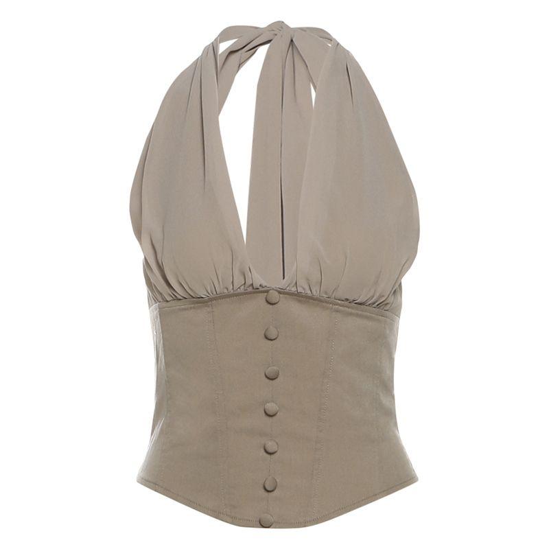 

# Sisjuly# Сладкий и Острый Капсичино Застежка Декорация Халтер Бретели Спагетти Жилет Розовое Кружево Юбка Наряд Женский Khakis vest(K25L74491) L