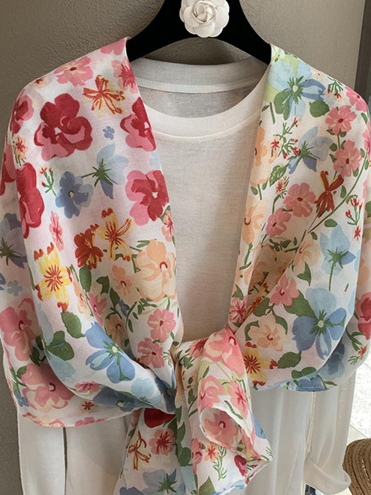 Elegant Women Silk Scarf Wrap Shawl Sweet Floral Print Sunscreen Bandanas Hijab Mujer Scarve Pareo Headscarf Boho Travel Korean