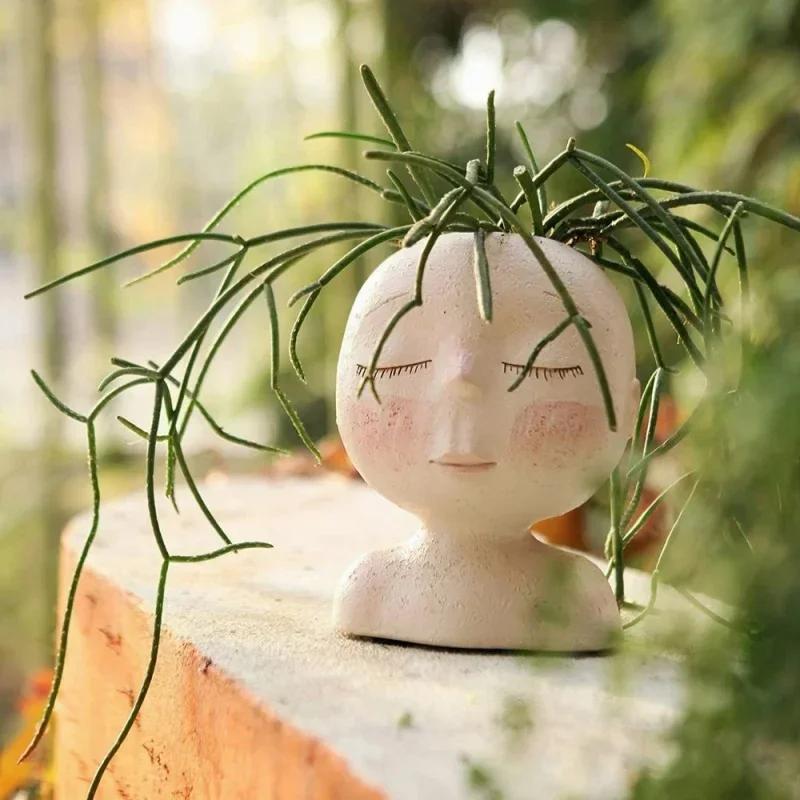 Creative Face Flower Pot Head Planter Pot Succulent Planter Resin Art Statue Sculpture Potted Decorative Ornaments Vase